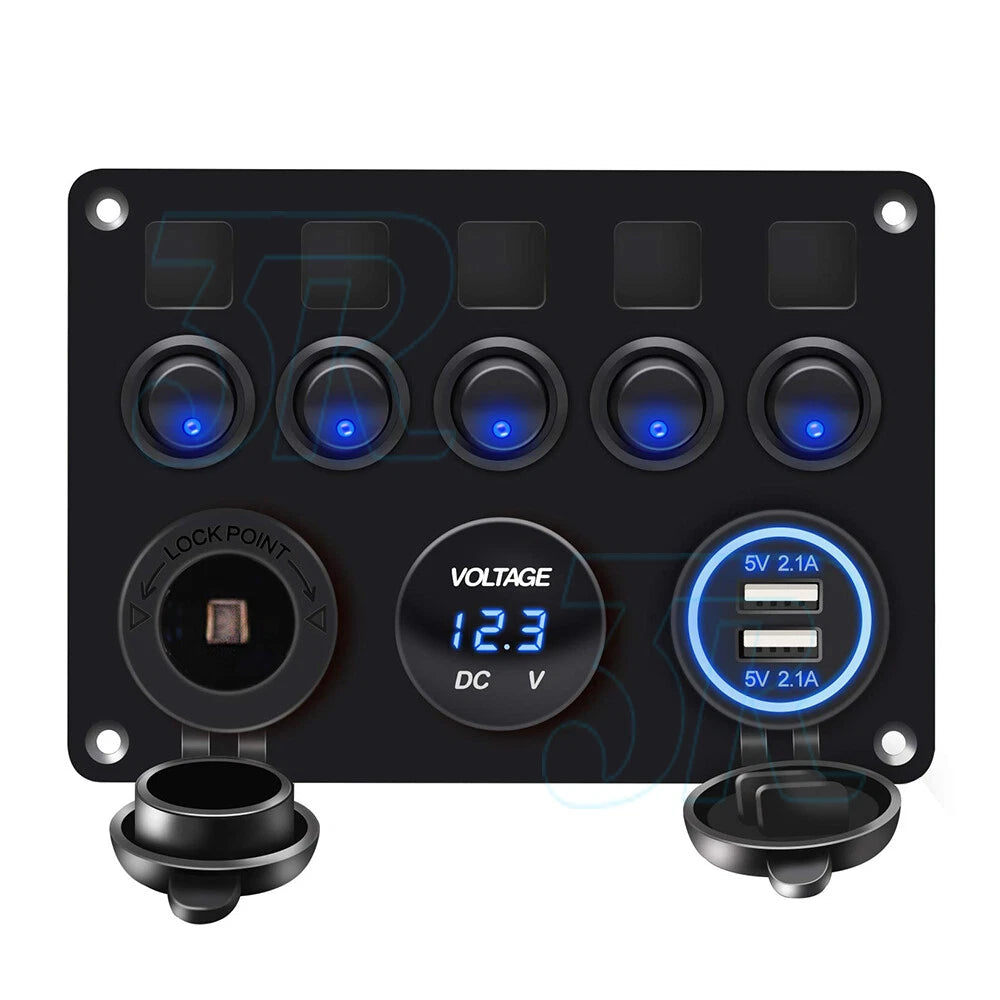 5 Gang 12V Switch Panel LED Light Rocker Circuit Breaker For Car RV Boat Marine - view 1