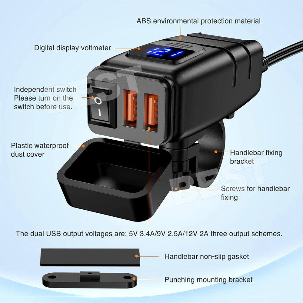 Dual USB Port Motorcycle Fast Charger Socket LED Voltmeter Display ON/OFF Switch - view 2
