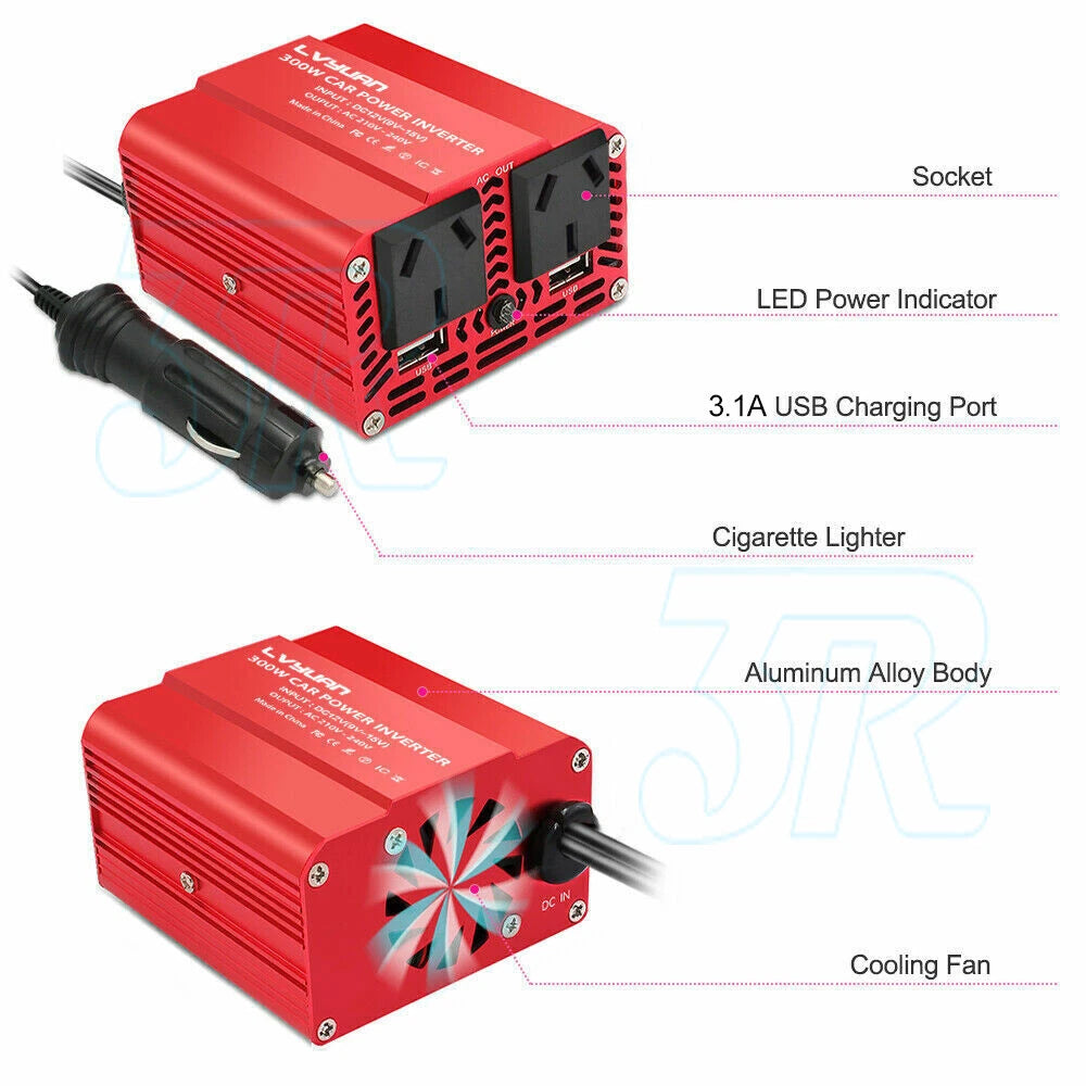 300W Power Inverter Car Converter Charger Adapter DC 12V to AC 240V 2USB 2Socket - view 2