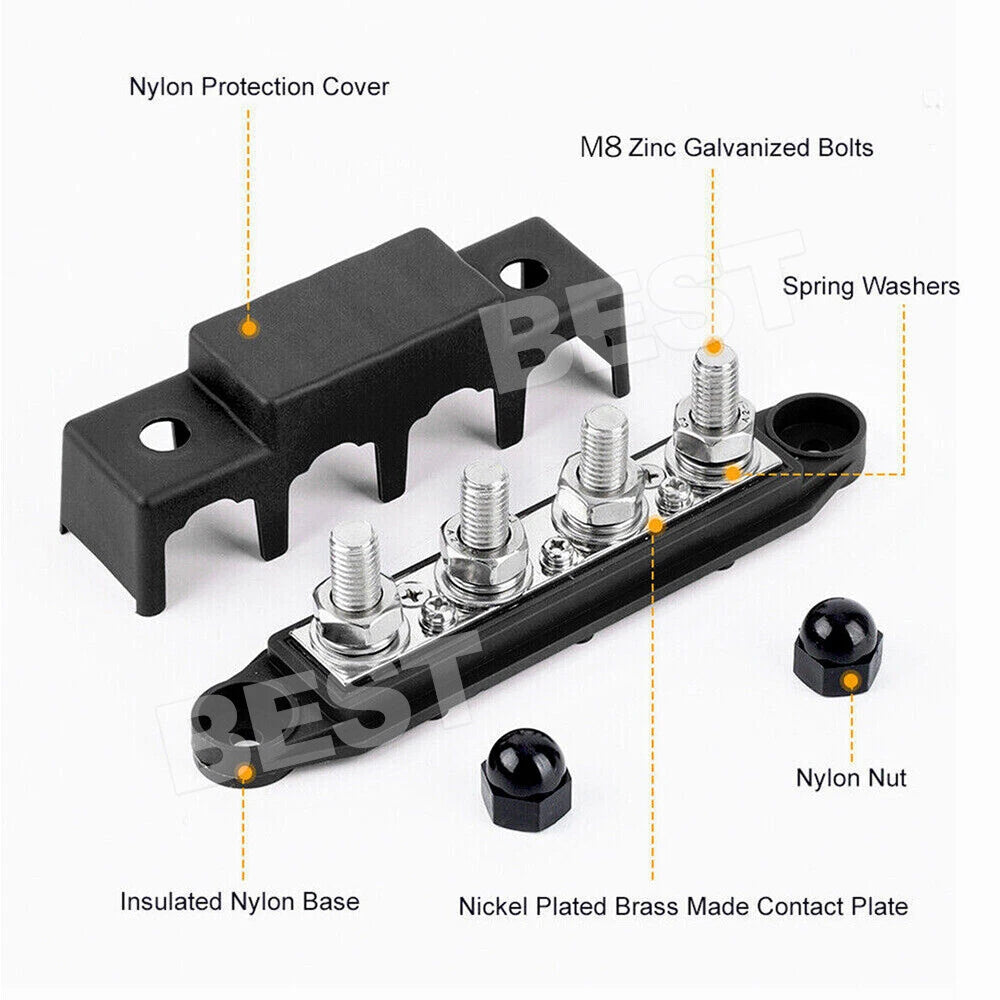 2pcs 4 Post Power Distribution Block Terminal Screw Bus Bar 250A 12V-48V DC M8 - view 2