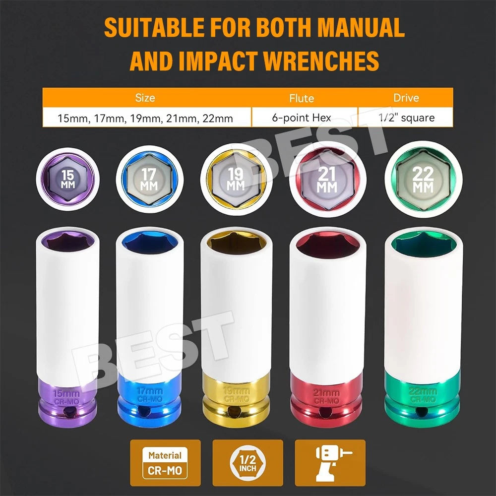 5Pcs Alloy Wheel Nut Thin Wall Deep Impact Socket Set 1/2" Drive 15-22mm w/Case - view 5