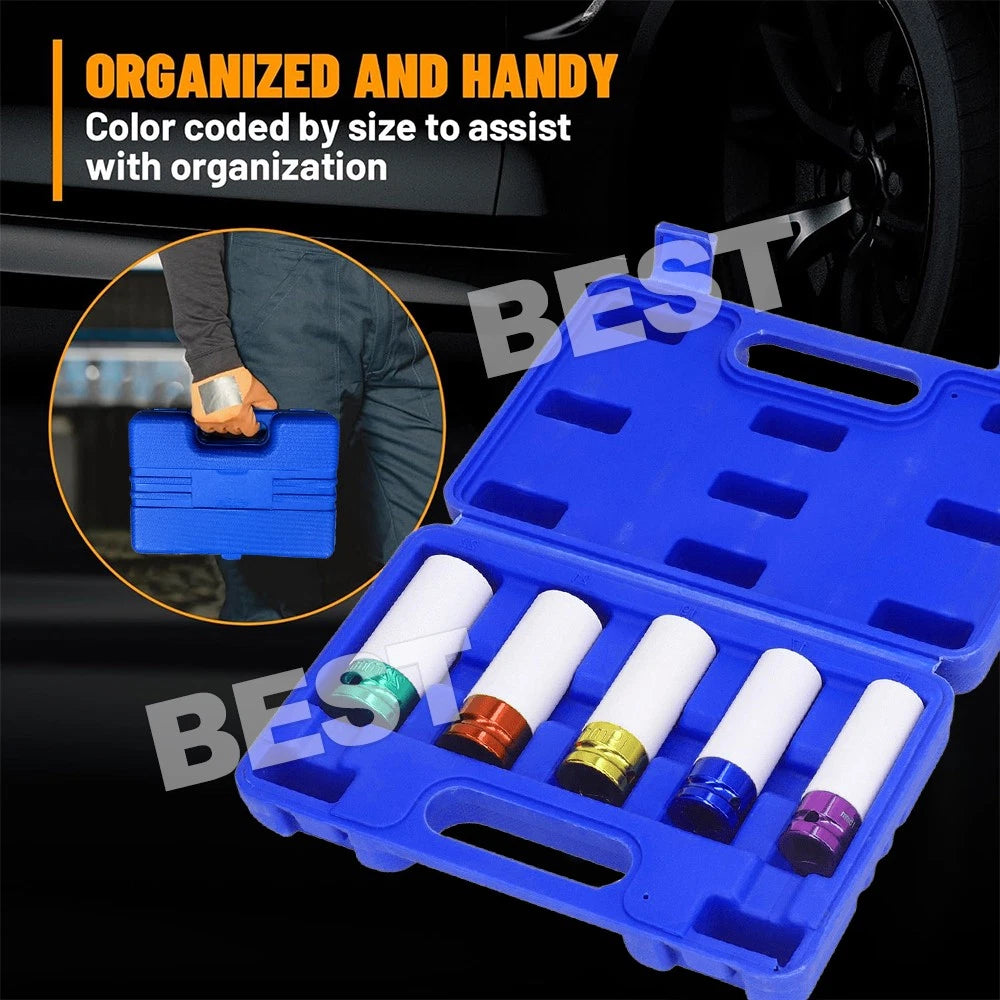 5Pcs Alloy Wheel Nut Thin Wall Deep Impact Socket Set 1/2" Drive 15-22mm w/Case - view 7