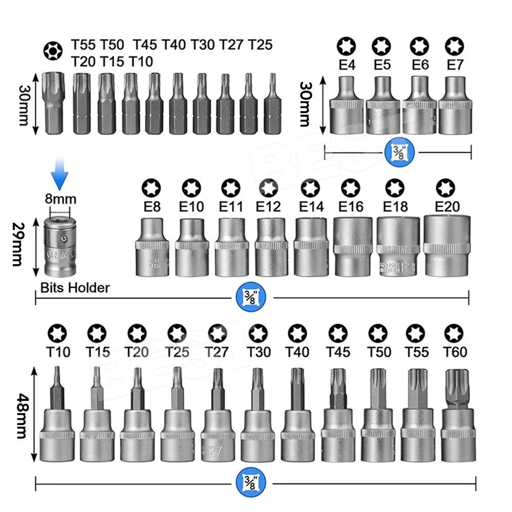 34 pcs E-Torx Socket Set 3/8" 1/4" Drive Star Hex Bit External Torque Tool - view 8