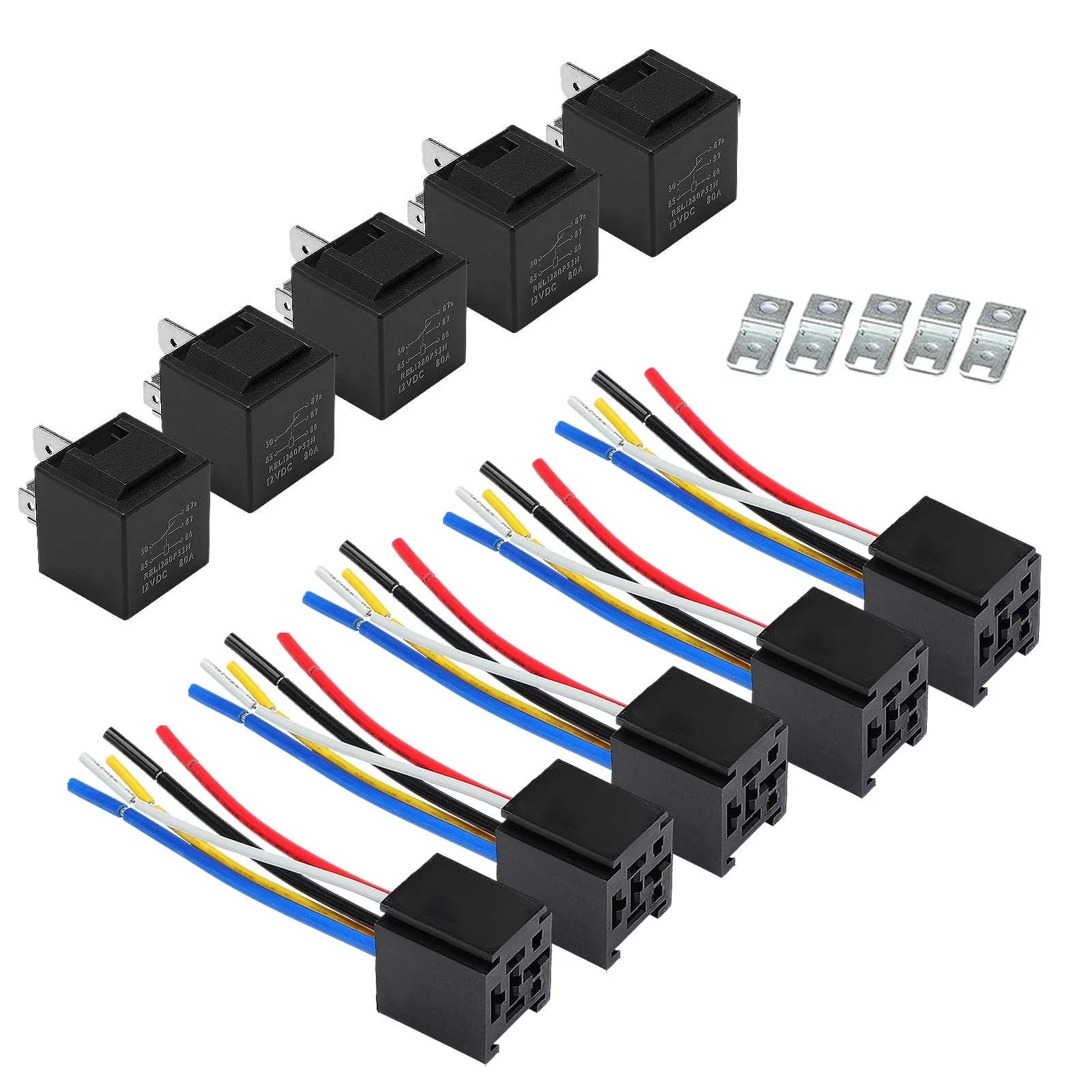 5x 12V 80A 5-Pin Automotive Relays With Wiring Harness Sockets & Brackets - image 1
