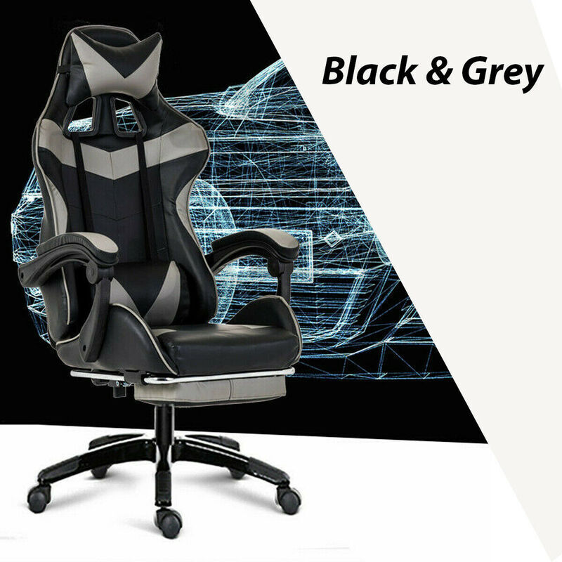 Gaming Chair Office Chair Computer Executive Chair Seating Footrest Racer [Colour: BLACK+GREY] - image 1