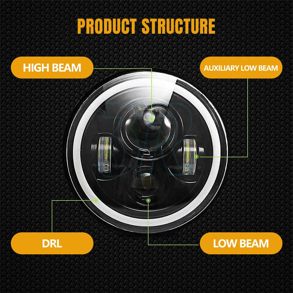 2Pcs 7"Inch Round LED Headlights Hi-Lo Angel Eyes Turn Light for GQ PATROL - view 2
