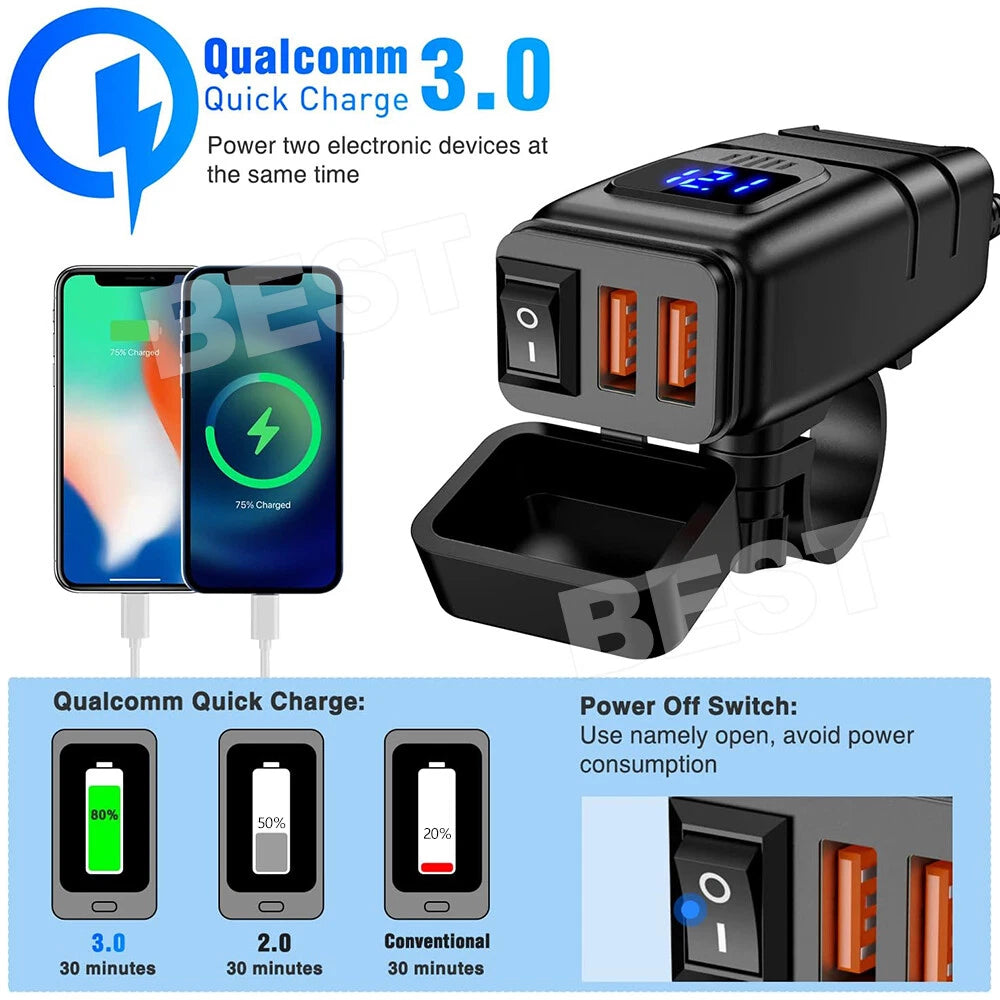 Dual USB Port Motorcycle Fast Charger Socket LED Voltmeter Display ON/OFF Switch - view 3