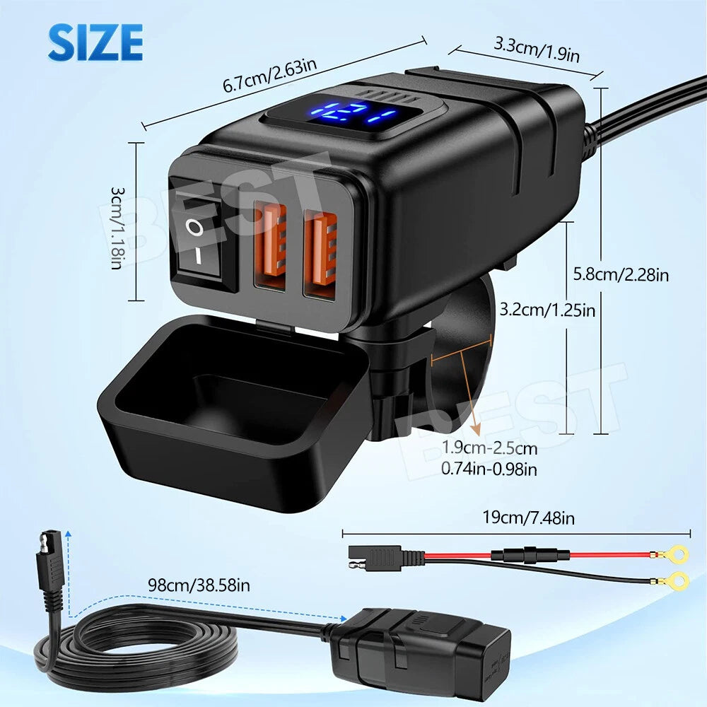 Dual USB Port Motorcycle Fast Charger Socket LED Voltmeter Display ON/OFF Switch - view 8