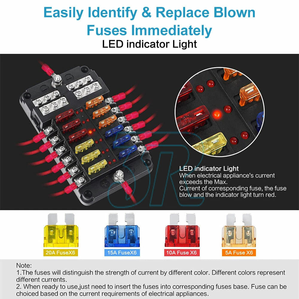 12 Way Blade Fuse Box Block Holder LED 12V 32V for Car Boat Van With