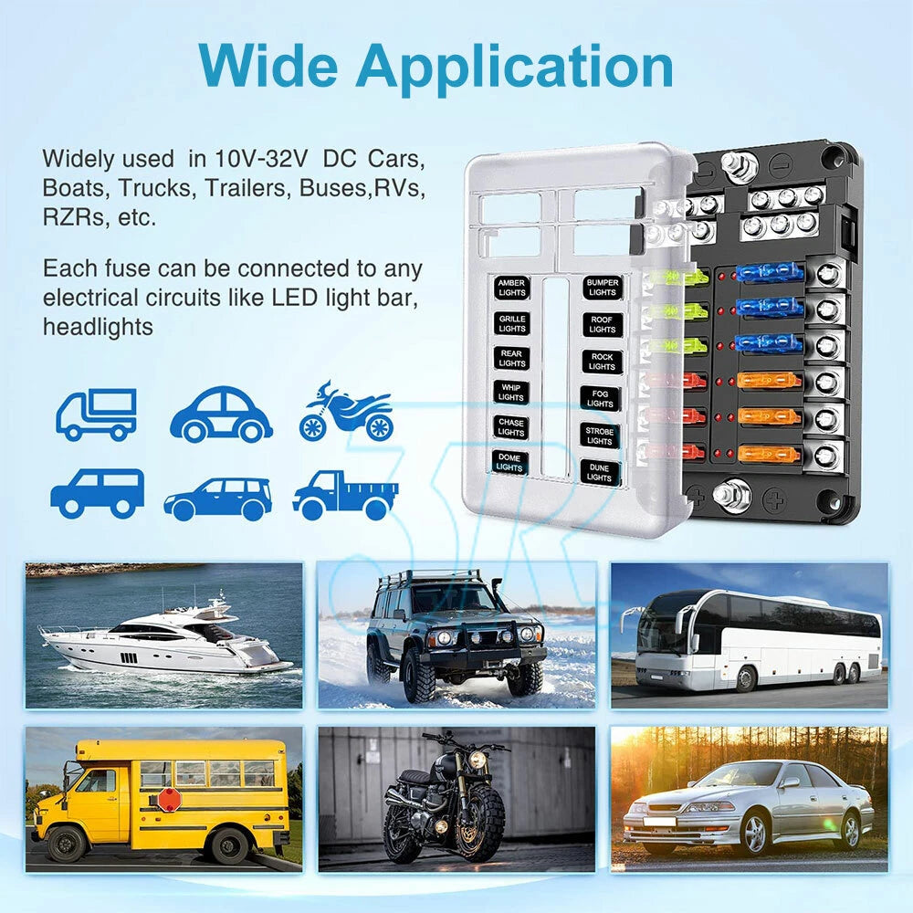 12 Way Blade Fuse Box Block Holder LED 12V 32V for Car Boat Van With