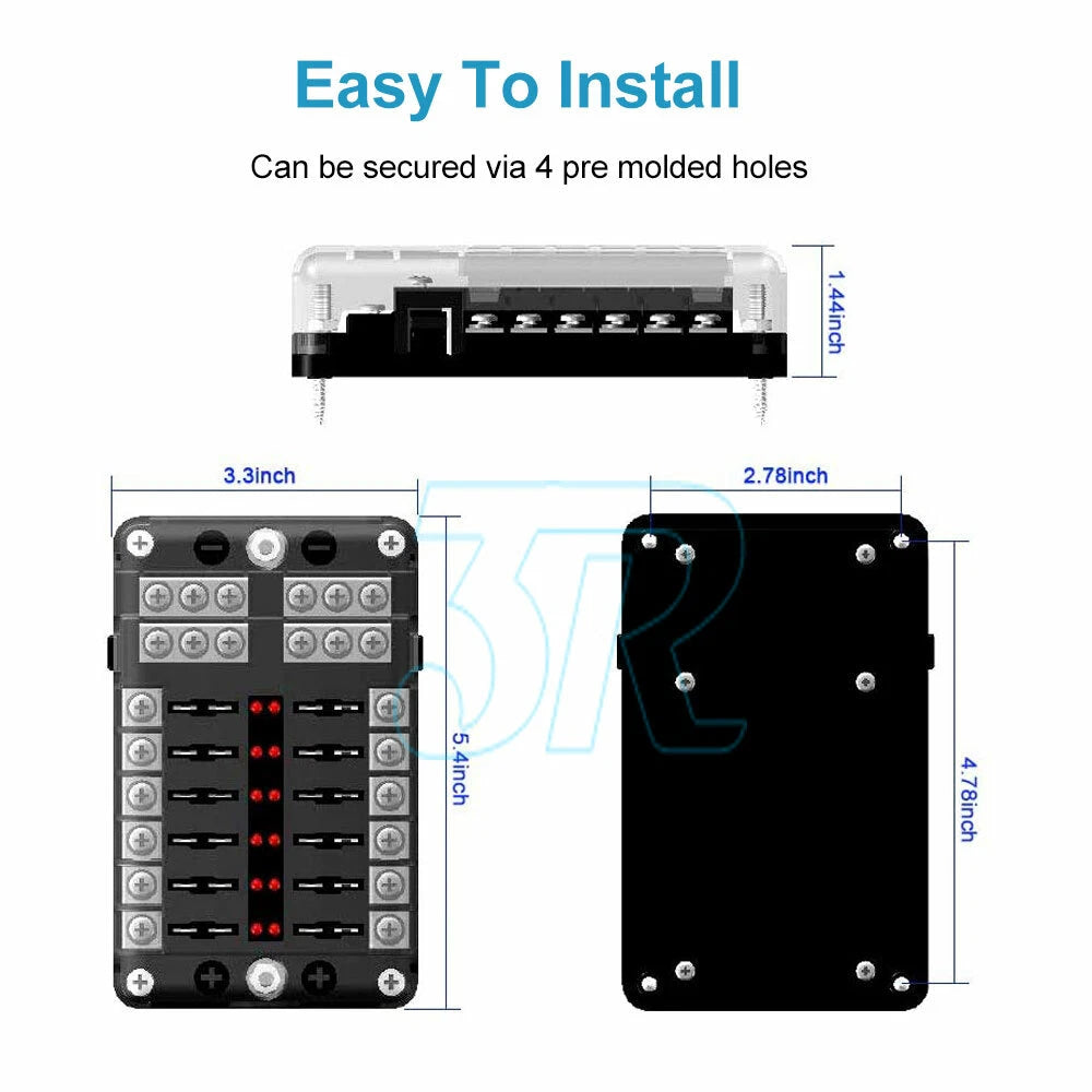 12 Way Blade Fuse Box Block Holder LED 12V 32V for Car Boat Van With