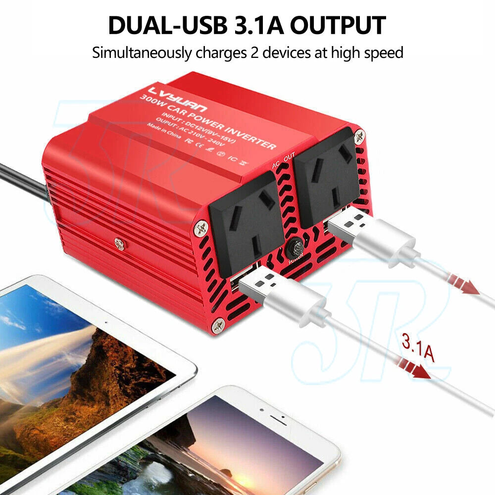 300W Power Inverter Car Converter Charger Adapter DC 12V to AC 240V 2USB 2Socket - view 4