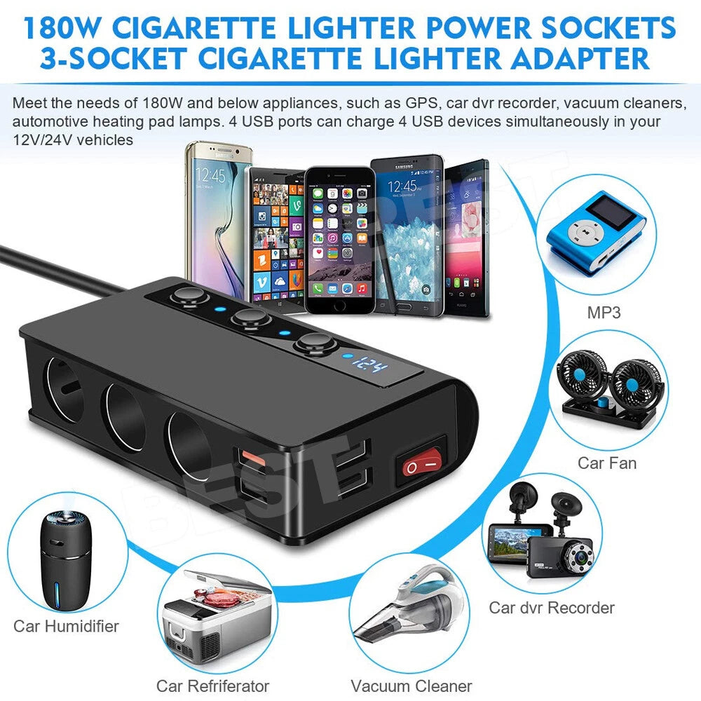 3 Way 12V USB Car Cigarette Splitter Lighter Charger Socket Adapter Plug Power - view 8
