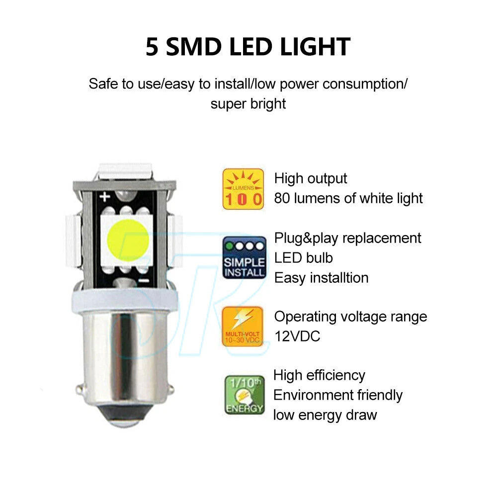 10PCS BA9S BAYONET LED LIGHT BULB 5SMD 5050 WHITE PARKER 12V CAR GLOBE INTERIOR - view 2