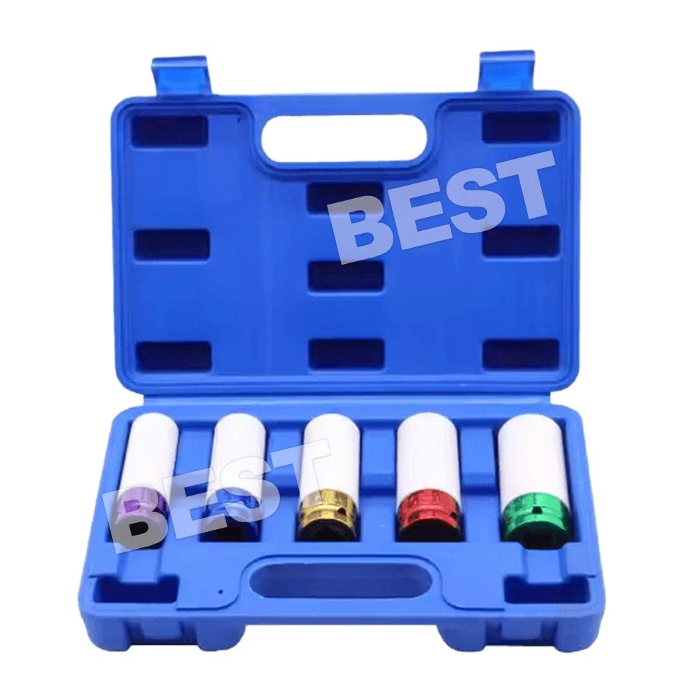 5Pcs Alloy Wheel Nut Thin Wall Deep Impact Socket Set 1/2" Drive 15-22mm w/Case - view 1