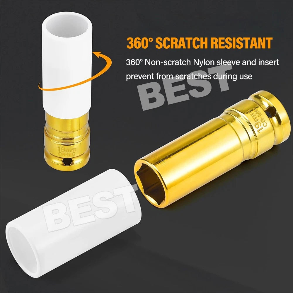 5Pcs Alloy Wheel Nut Thin Wall Deep Impact Socket Set 1/2" Drive 15-22mm w/Case - view 4