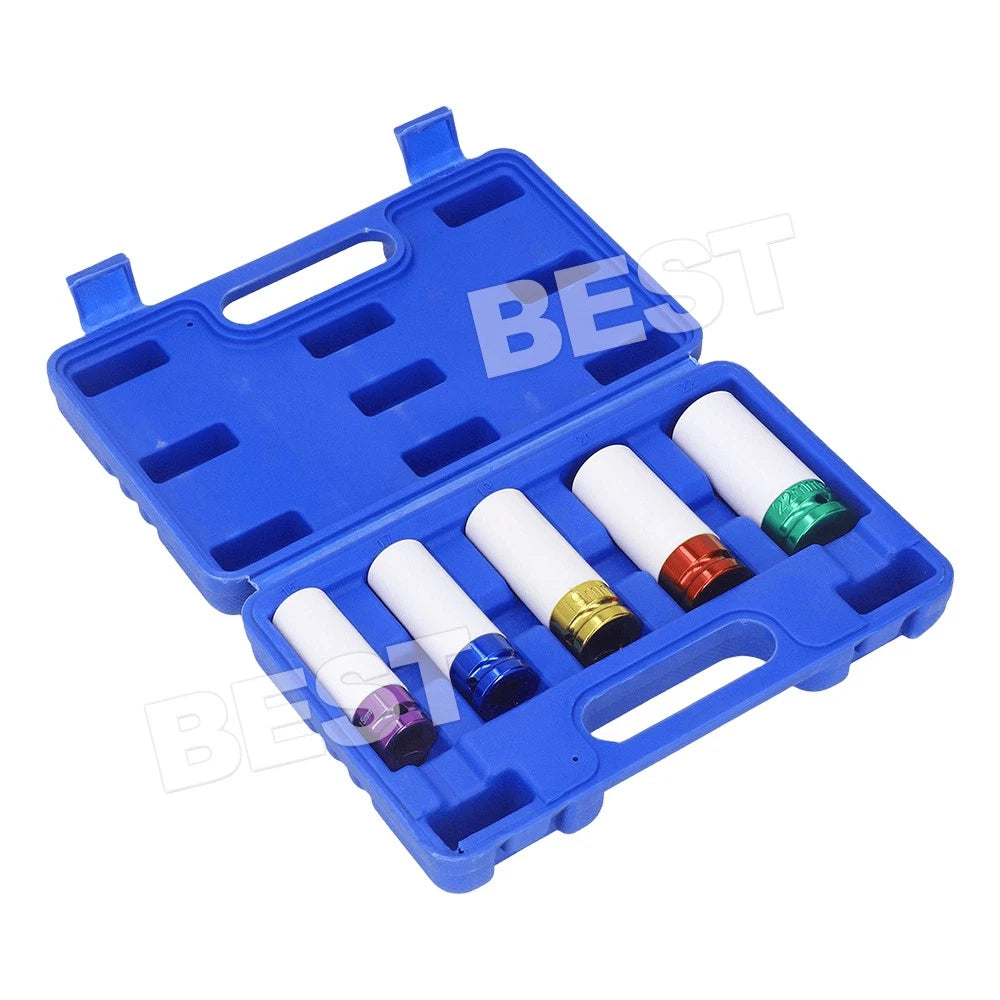 5Pcs Alloy Wheel Nut Thin Wall Deep Impact Socket Set 1/2" Drive 15-22mm w/Case - view 9